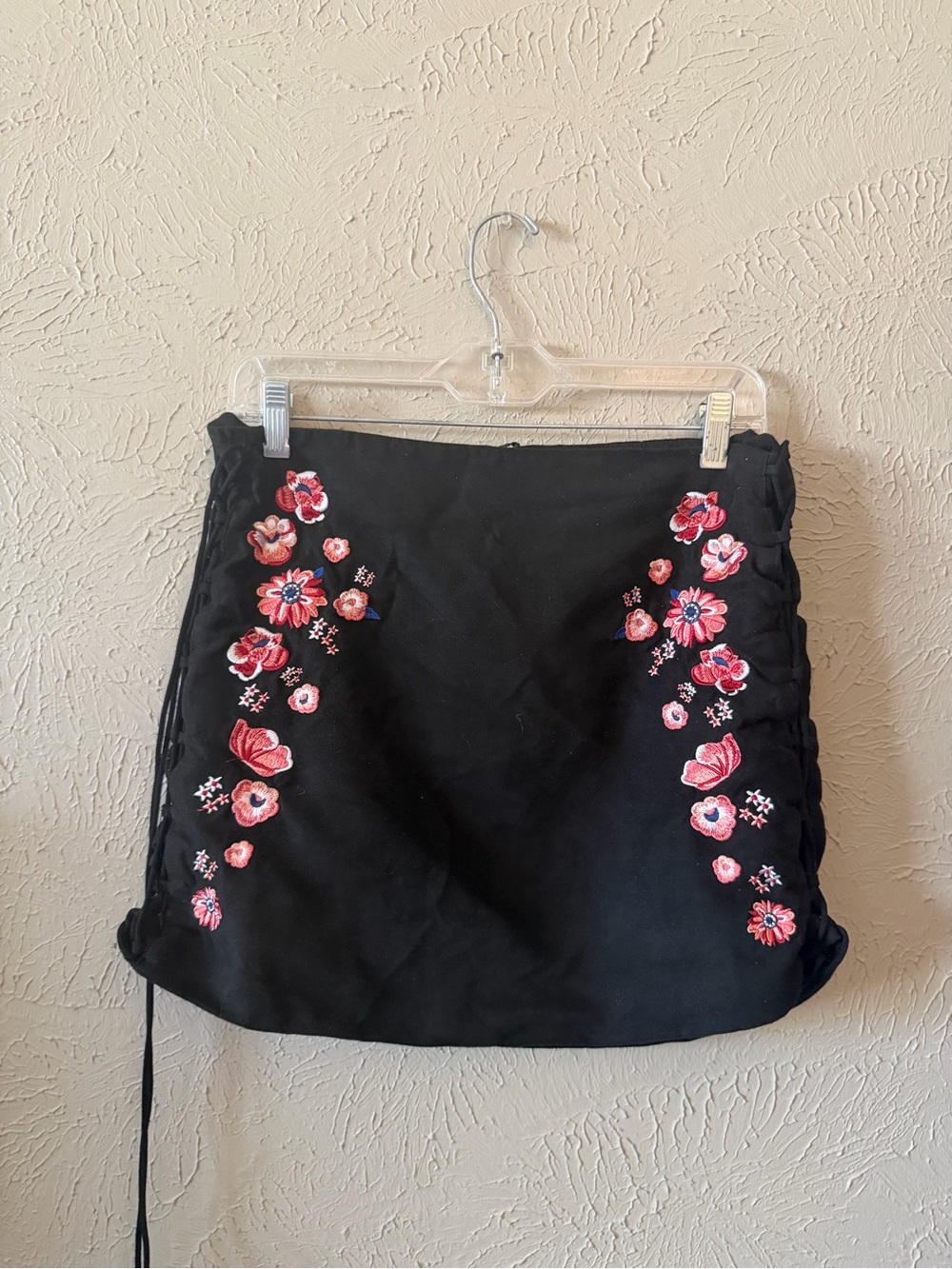 Black Floral Embroidered Mini Skirt